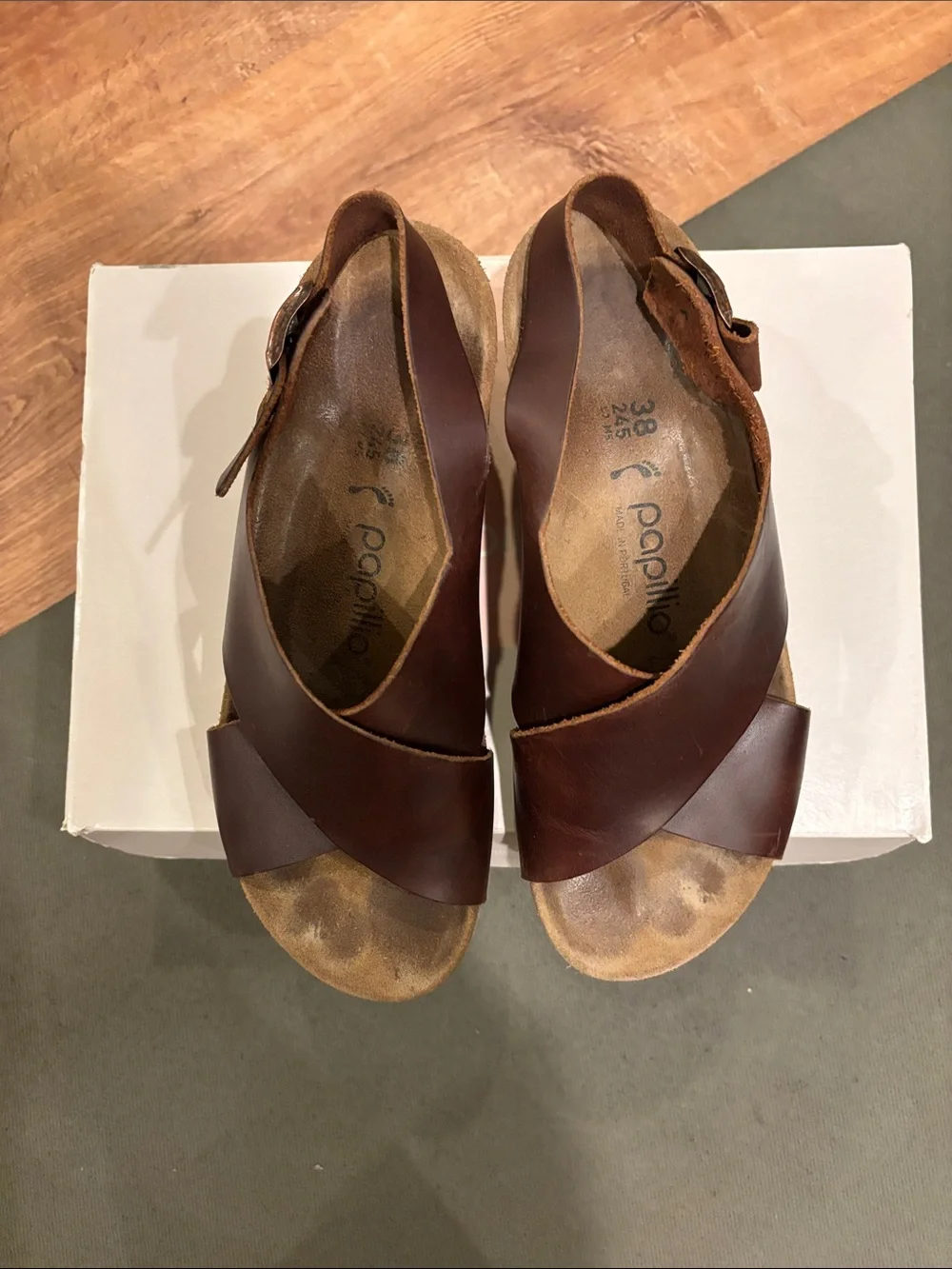 Papillio Brown Leather Crisscross Wedge Sandals